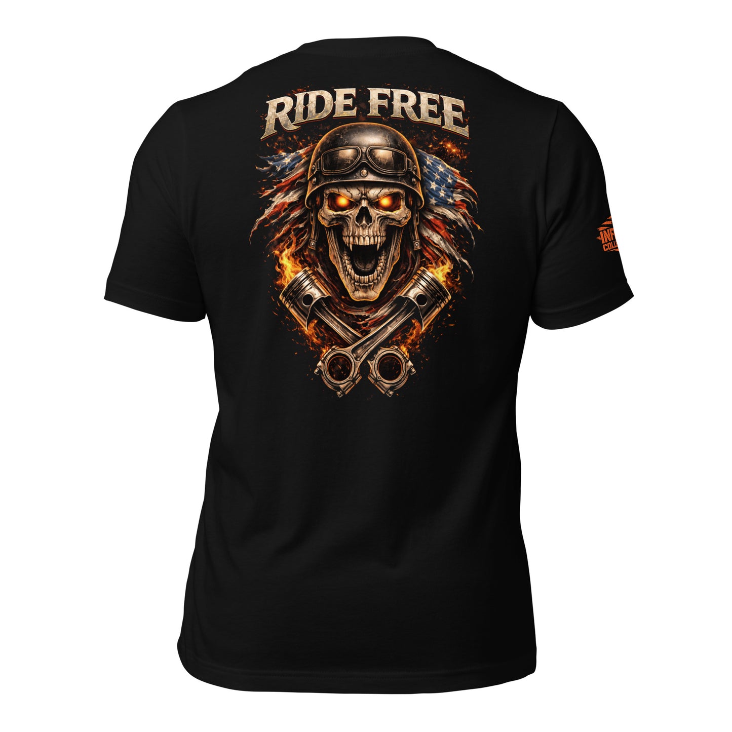 Black t-shirt with 'ride free' logo on the back against a white background