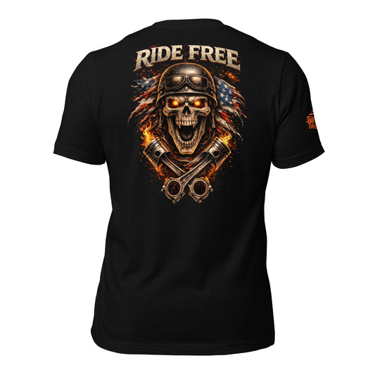 Black t-shirt with 'ride free' logo on the back against a white background