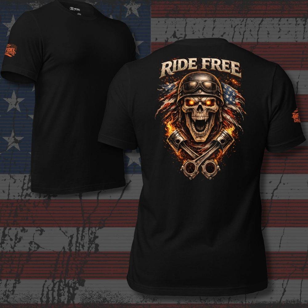 Black t-shirt with skull and American flag design on an American flag background