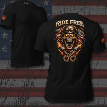 Black t-shirt with skull and American flag design on an American flag background