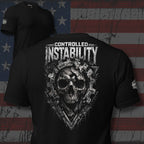Black t-shirt with skull design and 'Controlled Instability' text on a distressed American flag background
