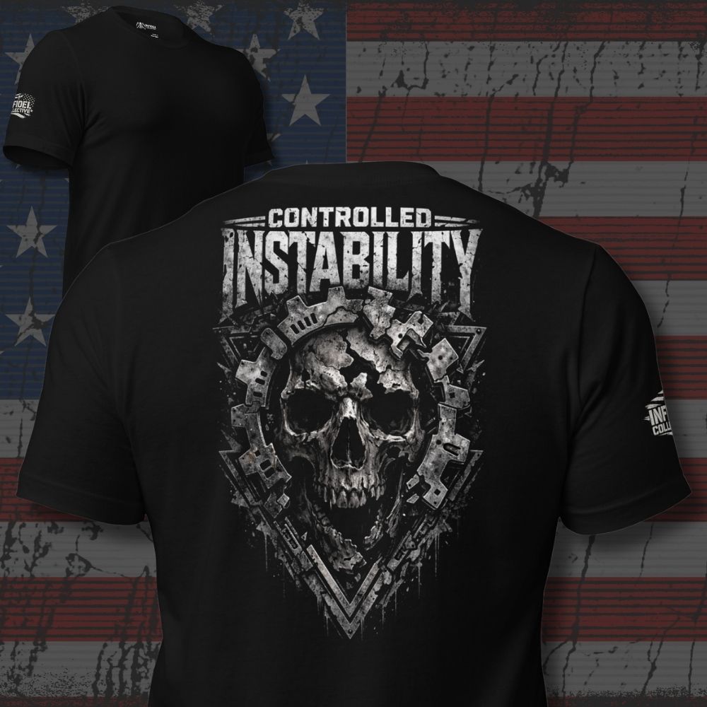 Black t-shirt with skull design and 'Controlled Instability' text on a distressed American flag background