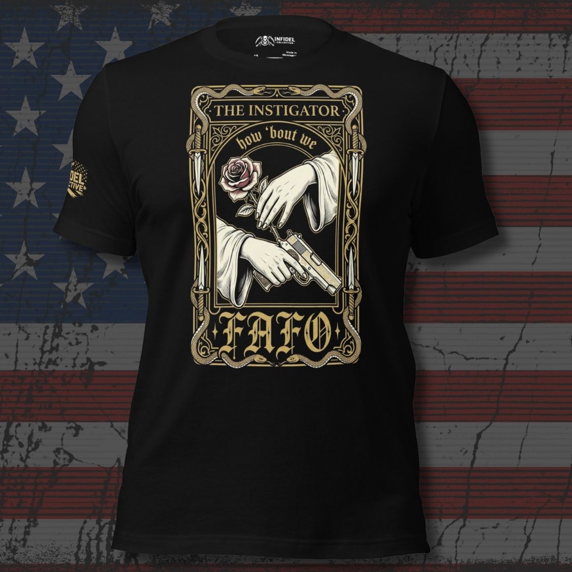 Black t-shirt with graphic design and text on an American flag background