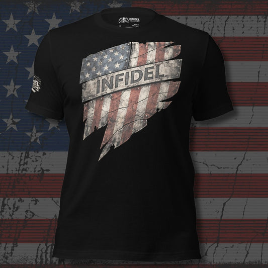 Black t-shirt with 'Infidel' graphic design on a distressed American flag background
