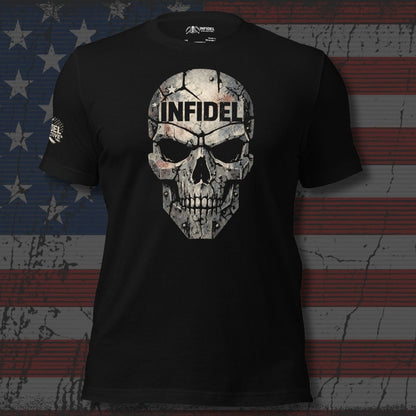 Black t-shirt with skull design and 'Infidel' text on an American flag background