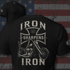 Iron Sharpens Iron motorcycle back print black tee from Infidel Collective