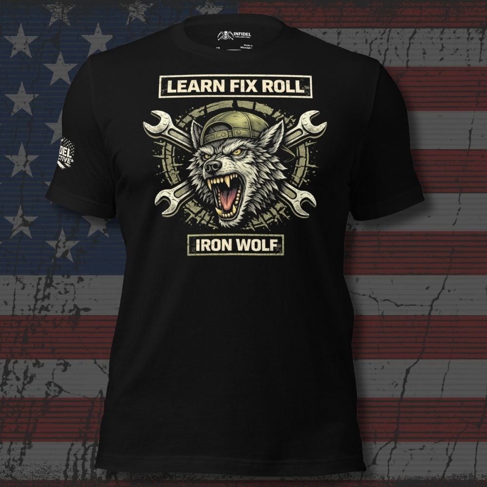 Black t-shirt with Iron Wolf graphic and text on an American flag background