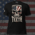 American flag skull with Freedom Has Teeth text front print black tee from Infidel Collective