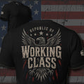 bald eagle crest with Republic of Working Class text back print black tee from Infidel Collective
