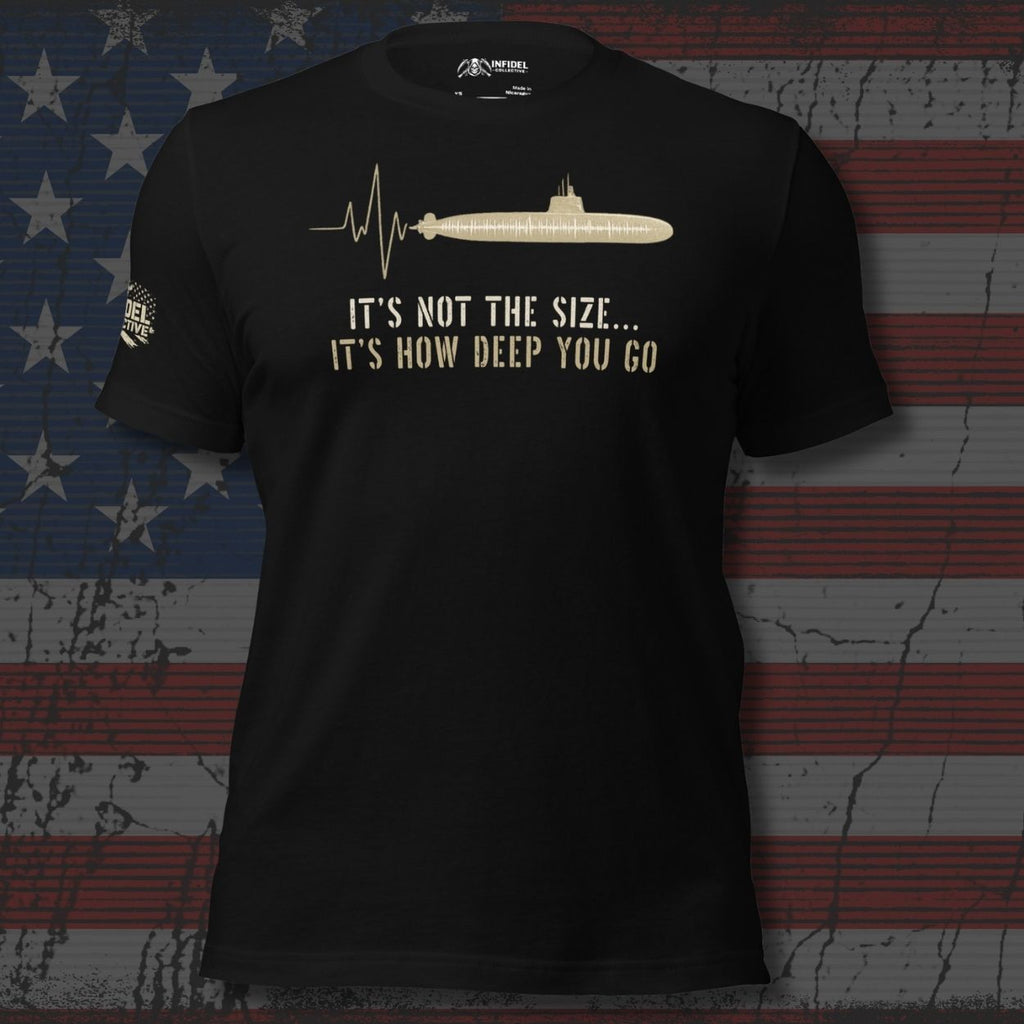It's Not The Size It's How Deep You Go front print tee with submarine silhouette and heartbeat line graphic on black shirt
