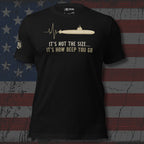 It's Not The Size It's How Deep You Go front print tee with submarine silhouette and heartbeat line graphic on black shirt
