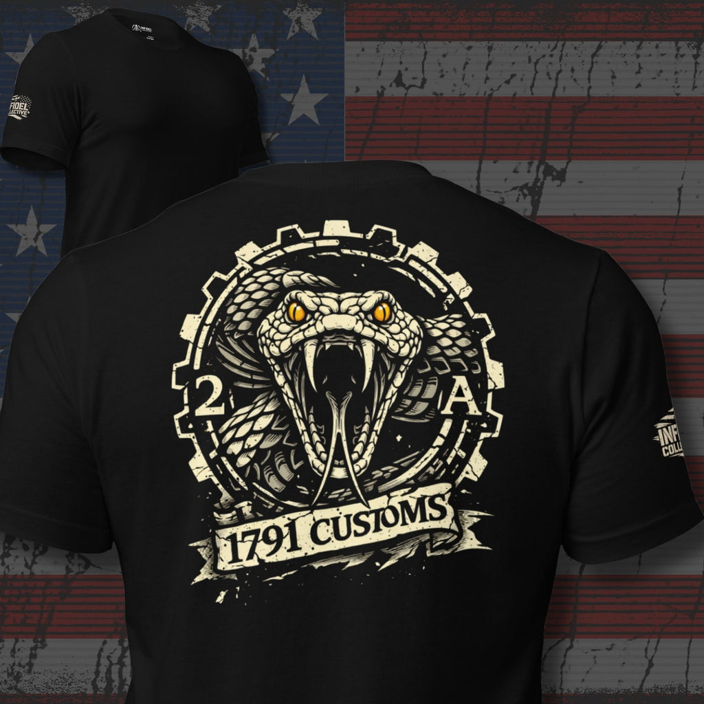 IYKYK 2A Customs rattlesnake graphic black tee from Infidel Collective