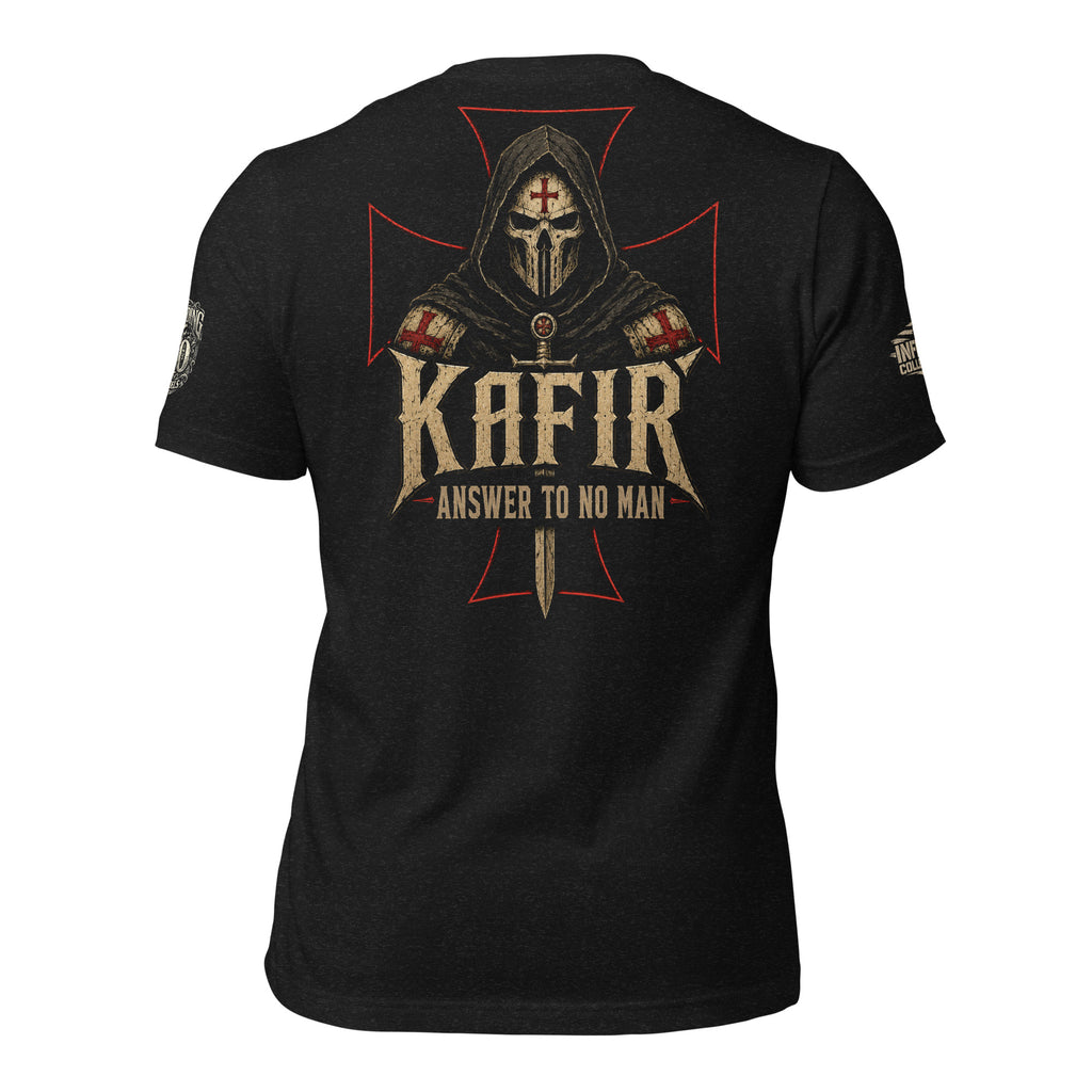 Kafir death mask crusader front graphic black tee from Infidel Collective