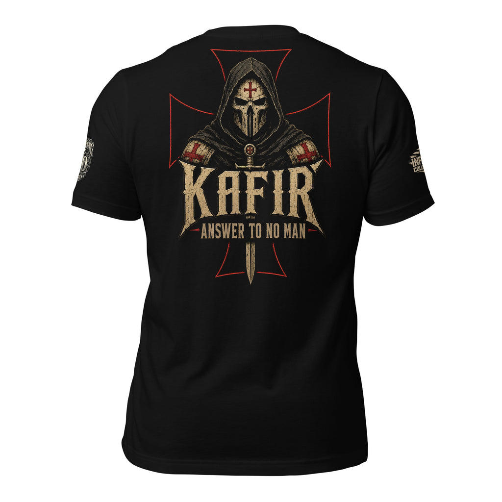 Kafir death mask crusader front graphic black tee from Infidel Collective