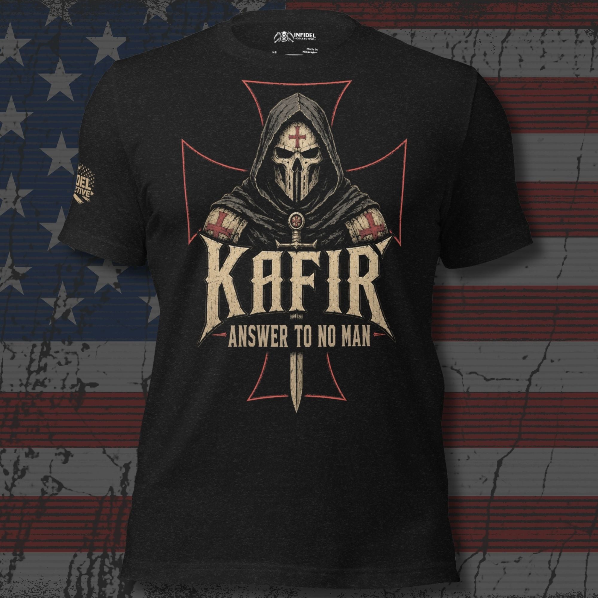 A black short-sleeve graphic T-shirt featuring a hooded Spartan warrior with a red cross on the forehead, a sword, and the text 'KAFIR' and 'ANSWER TO NO MAN' over a red Maltese cross. The shirt is displayed against a distressed American flag background.