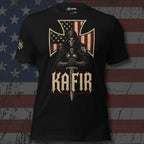 A black short-sleeve graphic t-shirt featuring a grim reaper design with a sword, a skull on the crossbar, and the word 'KAFIR' in gothic lettering. The shirt is displayed against a distressed American flag background.