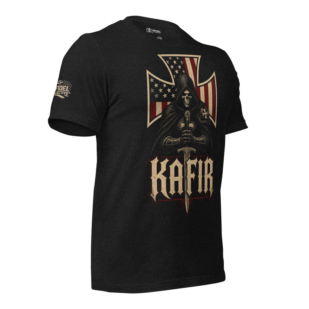A black short-sleeve t-shirt featuring a large graphic print of a hooded grim reaper holding a sword, set against an American flag and cross design with the word 'KAFIR' below in a stylized font.