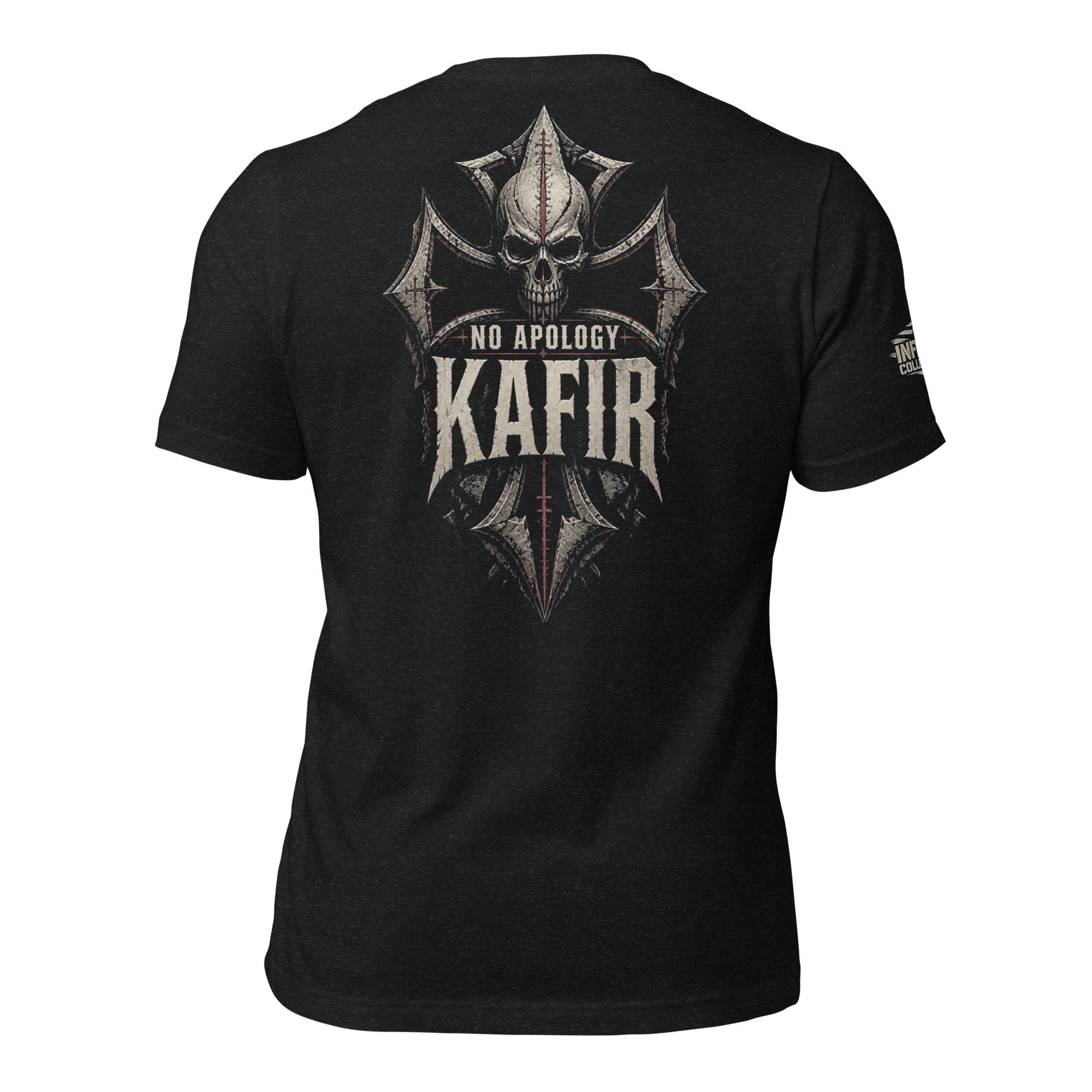Back view of black tee featuring Kafir No Apology armored skull and iron cross