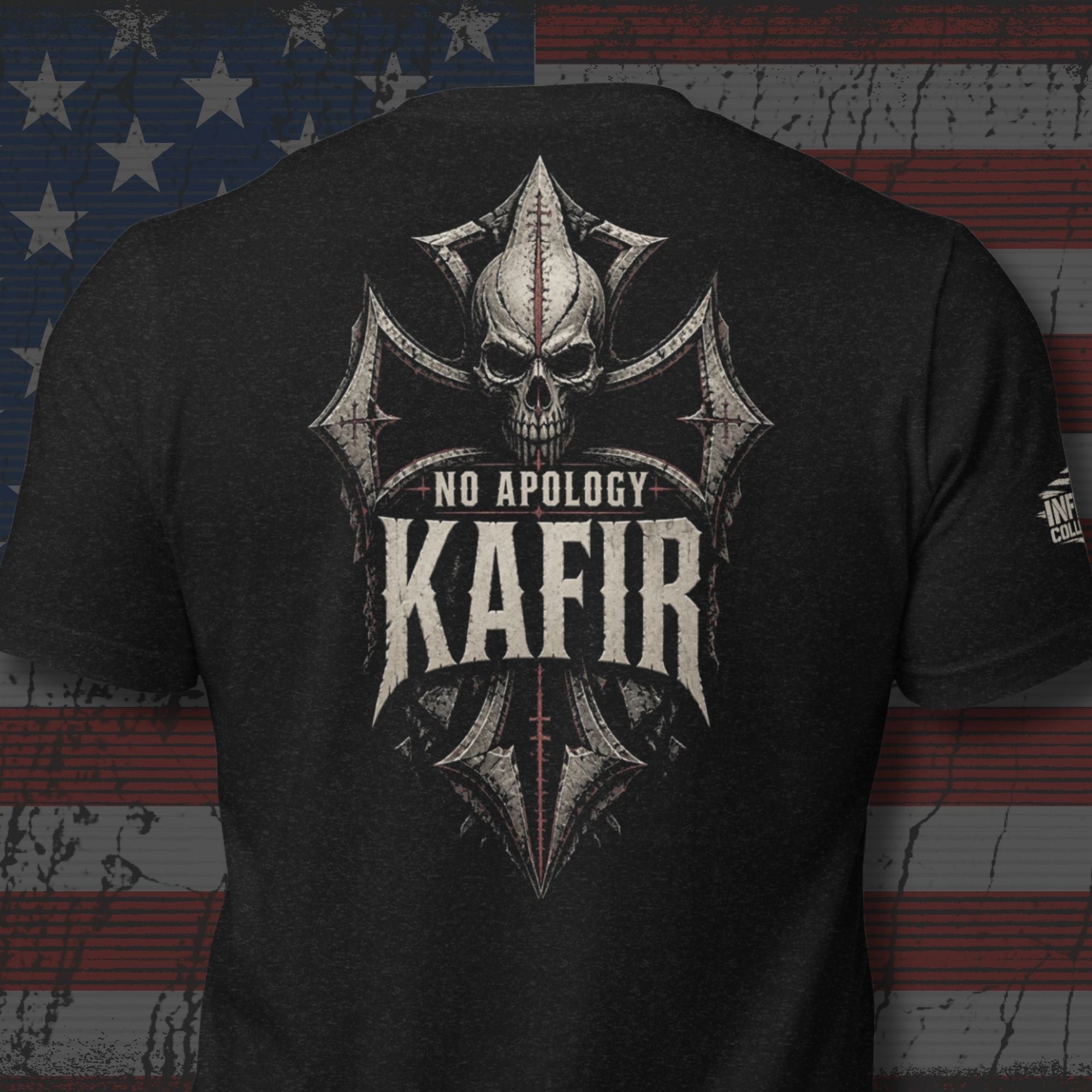 Back view of black tee featuring Kafir No Apology armored skull and iron cross