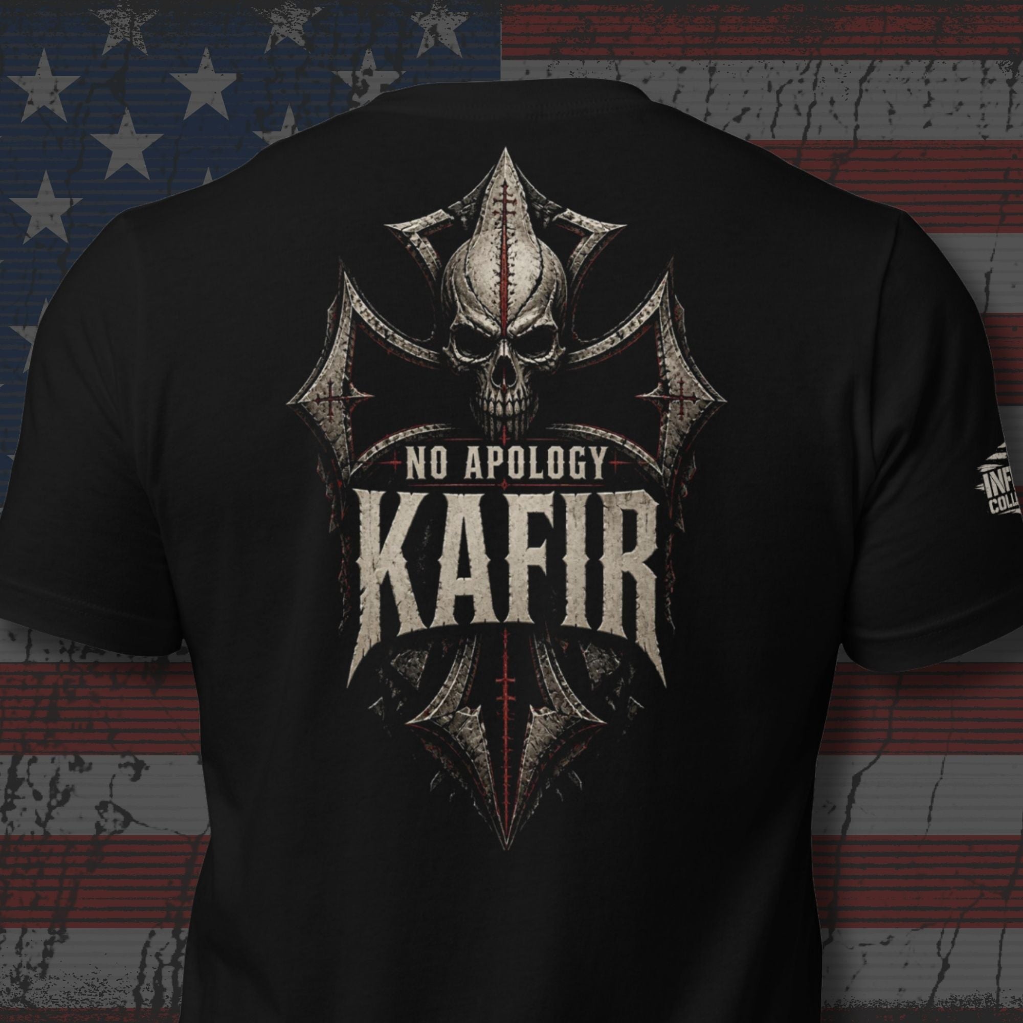 Kafir No Apology armored skull and iron cross back print black tee from Infidel Collective