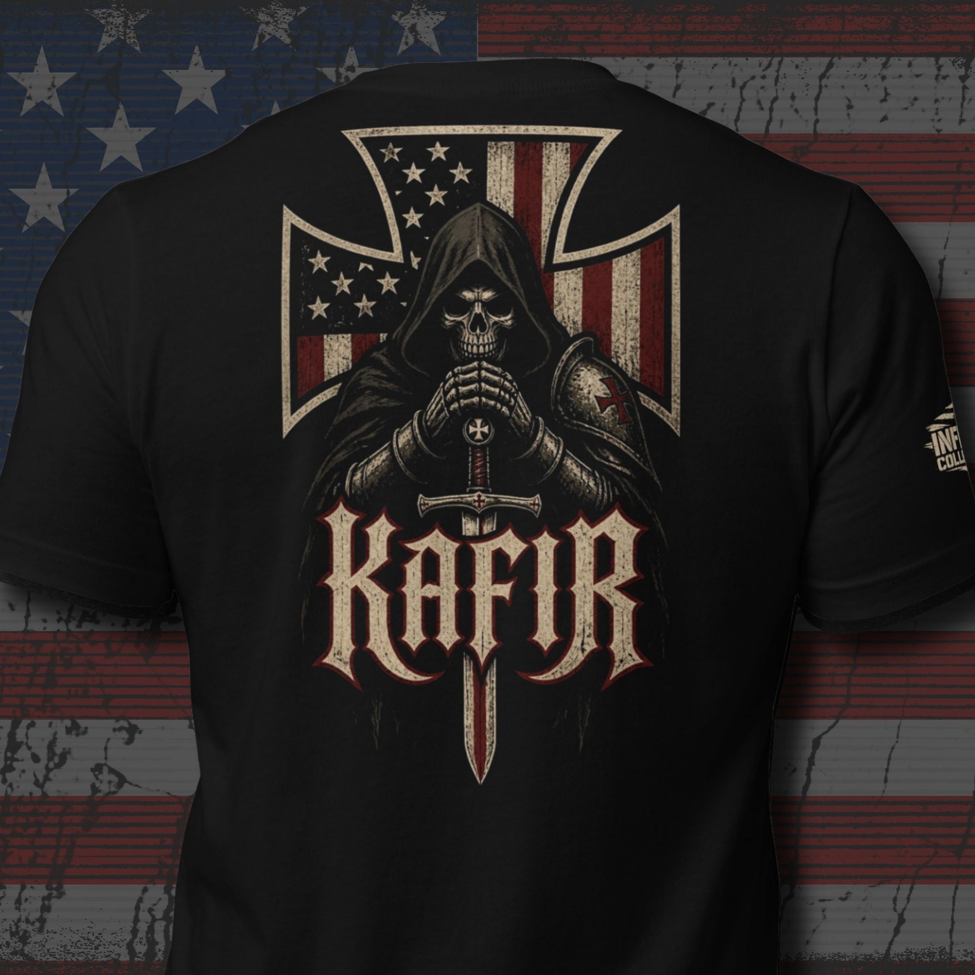 Kafir hooded knight with American flag iron cross back print black tee from Infidel Collective