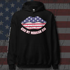 Kiss My Merican Ass women’s front print black hoodie from Infidel Collective