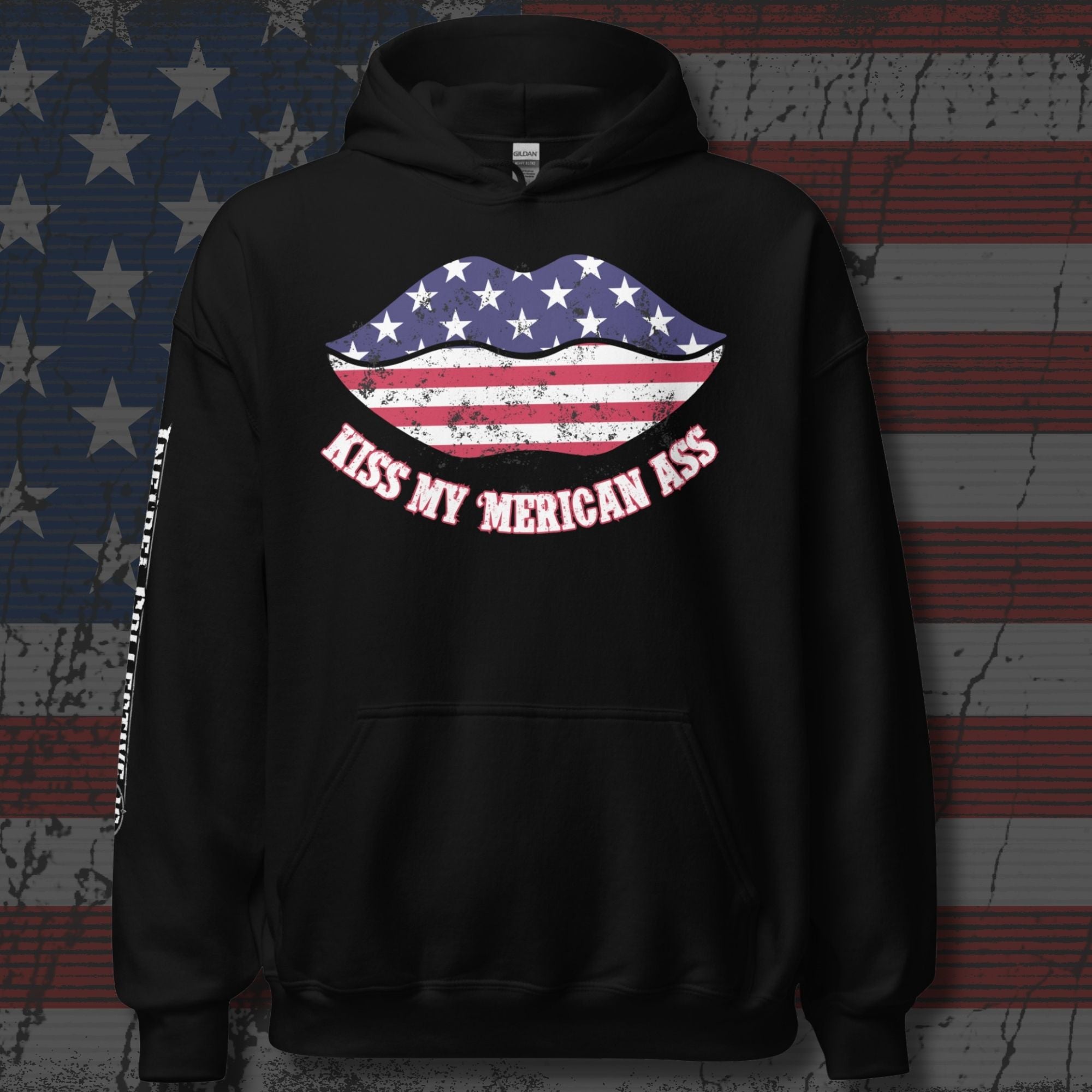 Kiss My Merican Ass women’s front print black hoodie from Infidel Collective