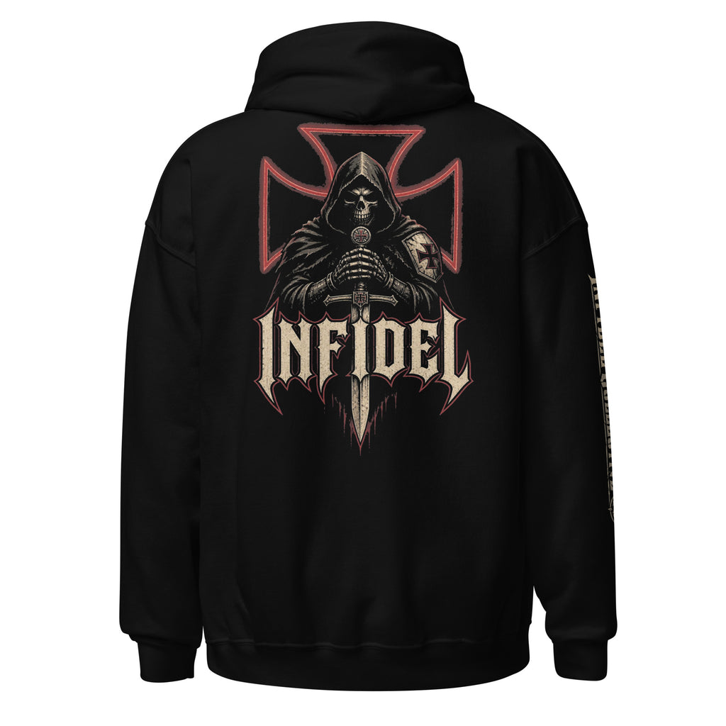 Knight of Creed hooded knight back print black hoodie from Infidel Collective