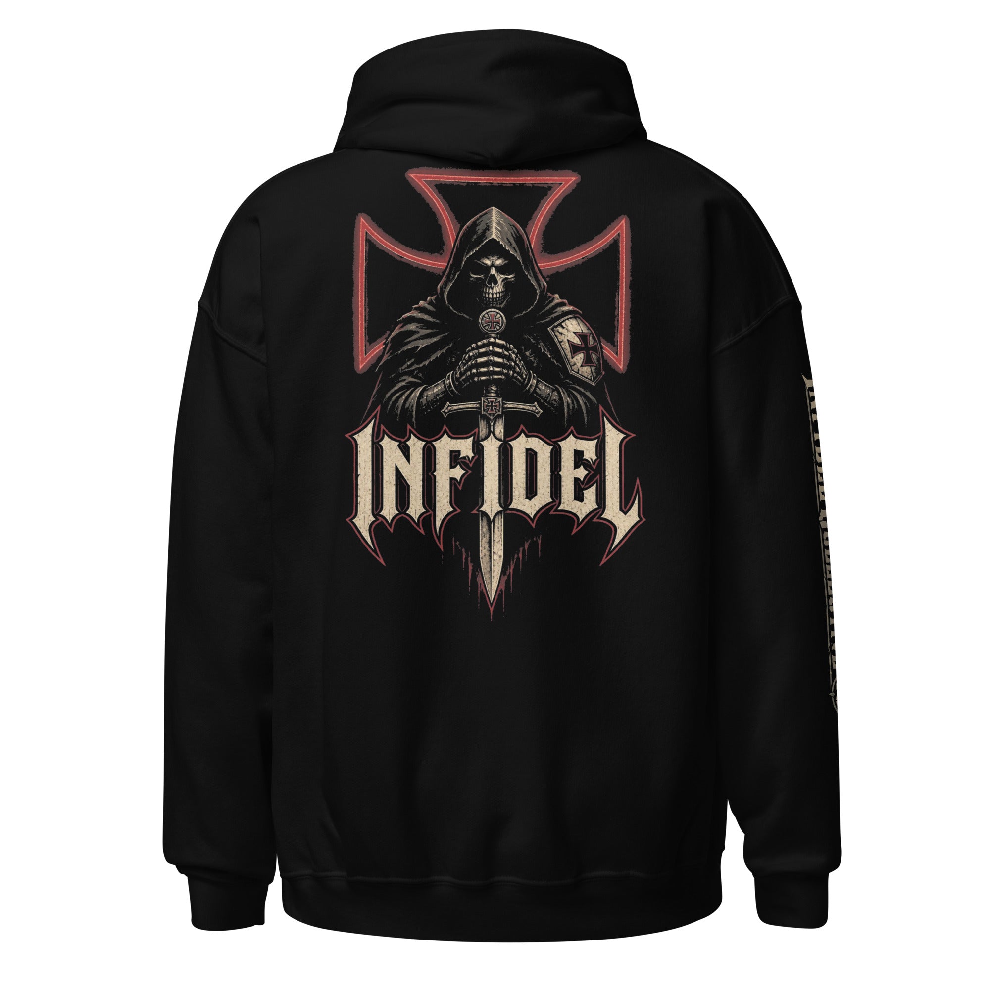 Knight of Creed hooded knight back print black hoodie from Infidel Collective