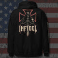 Pullover hoodie featuring the Knight of Creed graphic, back view