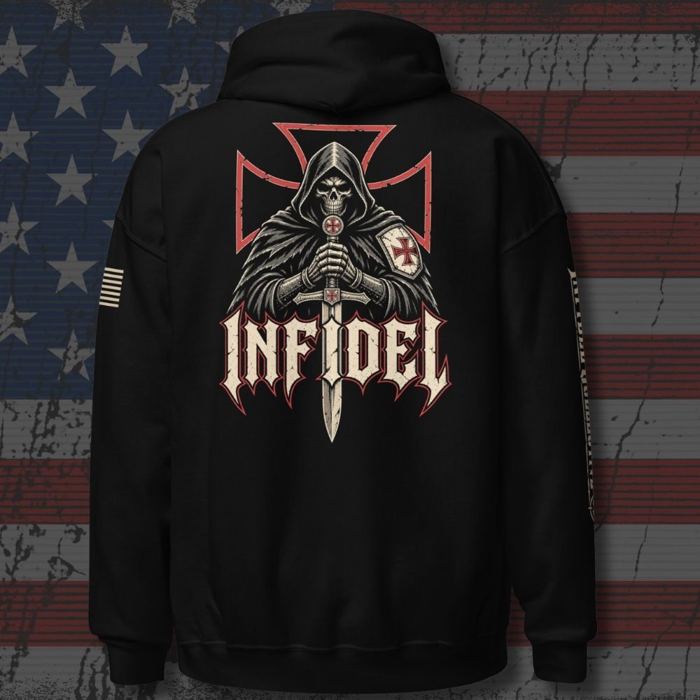 Black Knight of Creed back-print hoodie with hooded armored knight, sword and cross graphic