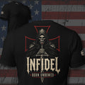 Knight of Creed Born Unbowed hooded knight with sword back print black tee from Infidel Collective