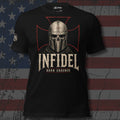 Knight of Creed Born Unbowed skull knight front print black tee from Infidel Collective