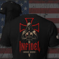 Knight of Creed Honor Bound hooded knight with sword back print black tee from Infidel Collective