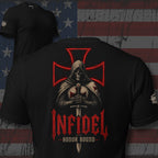 Black Infidel Collective tee with back print featuring hooded crusader skull, sword, red battle cross, INFIDEL text, and Honor Bound graphic