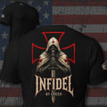 Infidel by Creed hooded knight with sword back print black tee from Infidel Collective