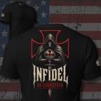 Black Infidel Collective tee with back print featuring hooded crusader skull, sword, red battle cross, INFIDEL text, and No Surrender graphic