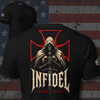 Black Infidel Collective tee with back print featuring hooded crusader skull, sword, red battle cross, INFIDEL text, and Stand Fast graphic