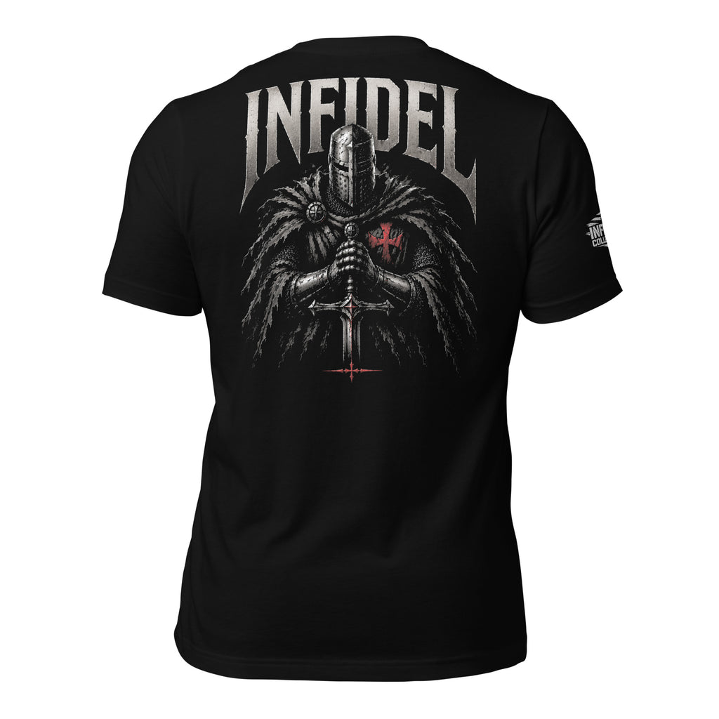 Infidel Knight of Creed back print black tee from Infidel Collective