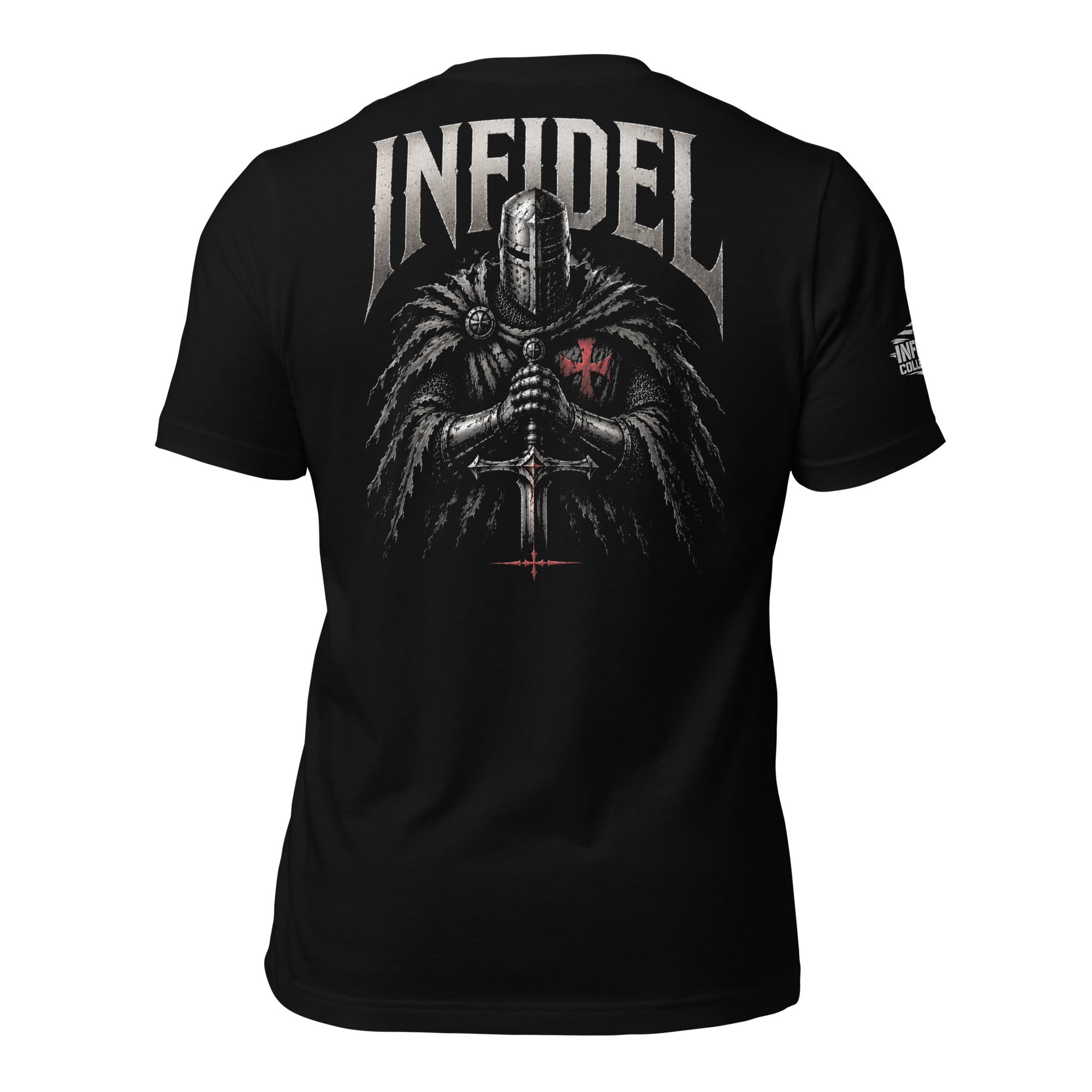 Black t-shirt with INFIDEL and silhouette design on a white background