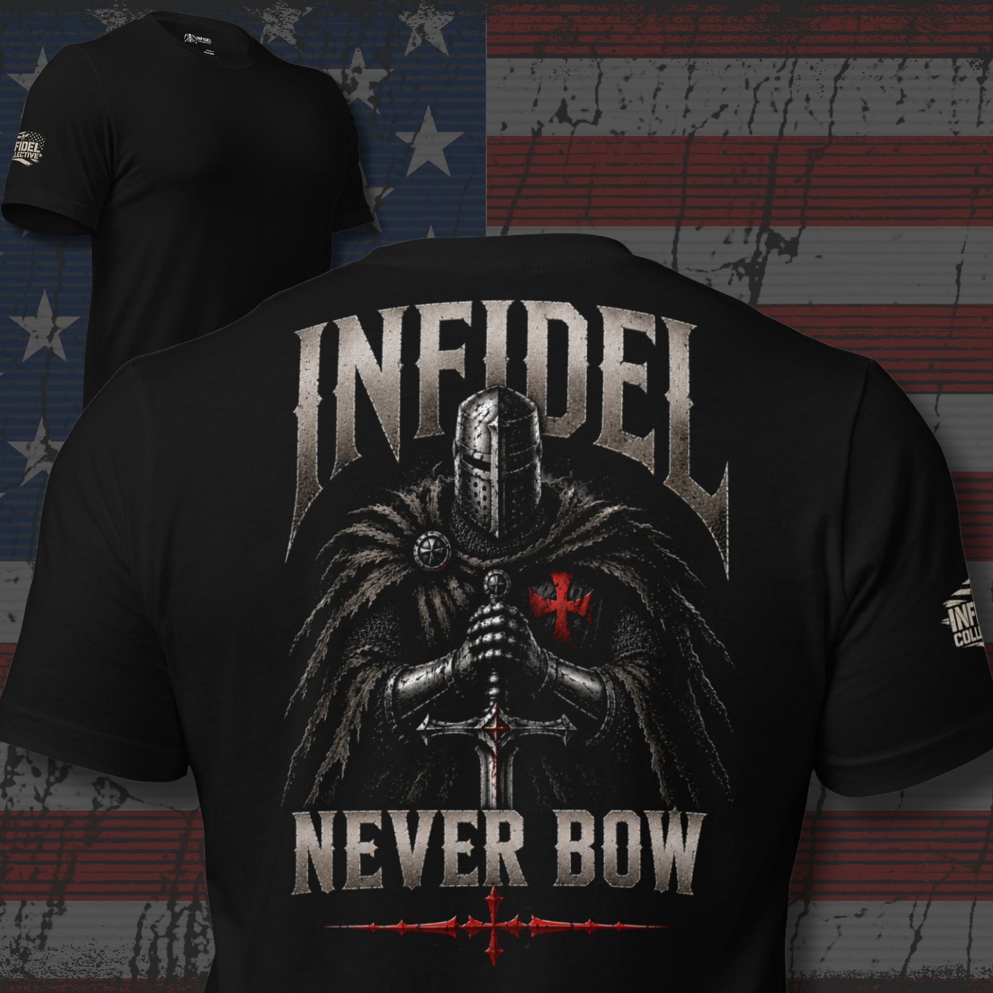 Never Bow knight holding sword back print graphic on black tee with INFIDEL text