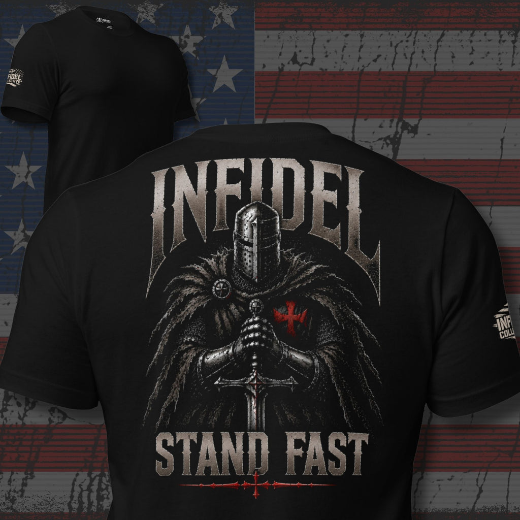 Knight of Infidel Stand Fast knight sword back print black tee from Infidel Collective