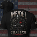 Knight of Infidel Stand Fast armored knight back print black tee from Infidel Collective
