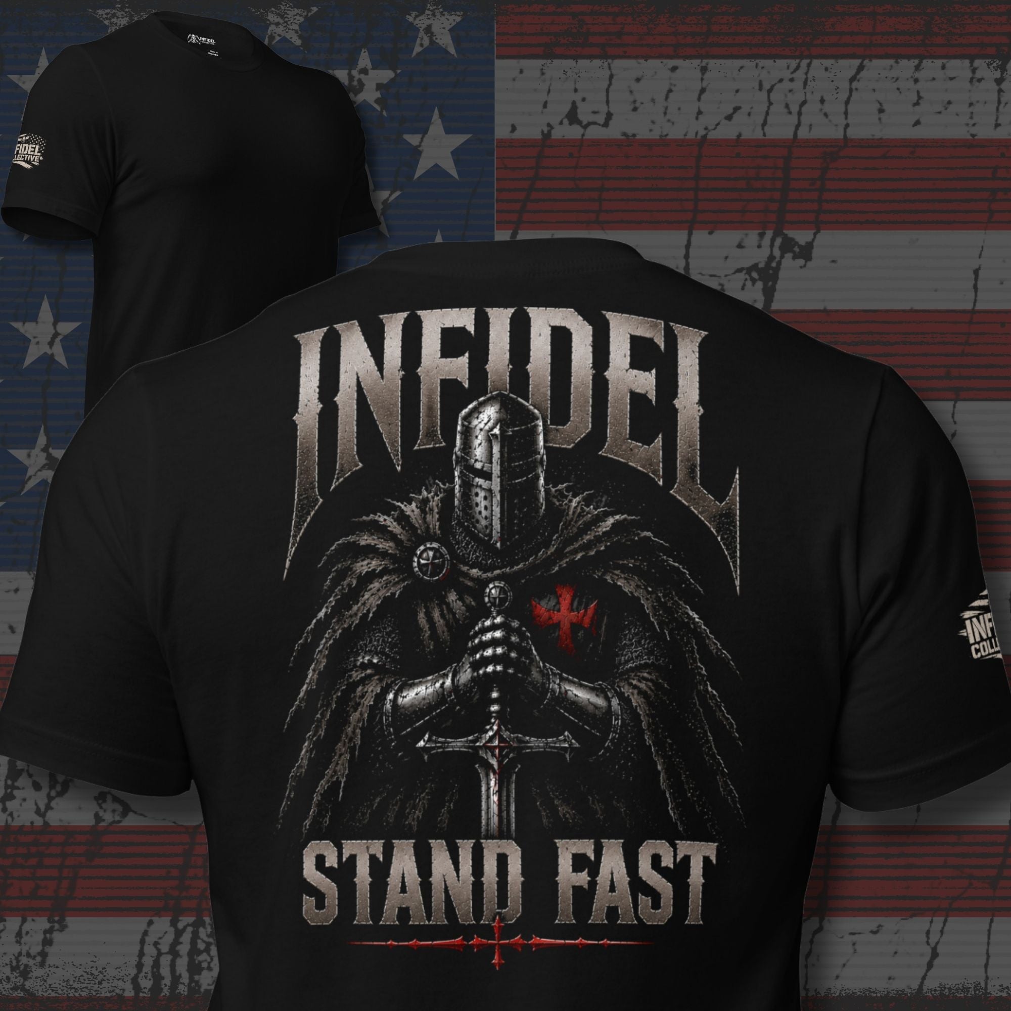Knight of Infidel Stand Fast knight sword back print black tee from Infidel Collective