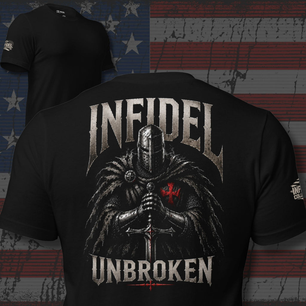 Knight of Infidel Unbroken knight sword back print black tee from Infidel Collective