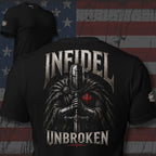 Knight of Infidel Unbroken knight sword back print black tee from Infidel Collective