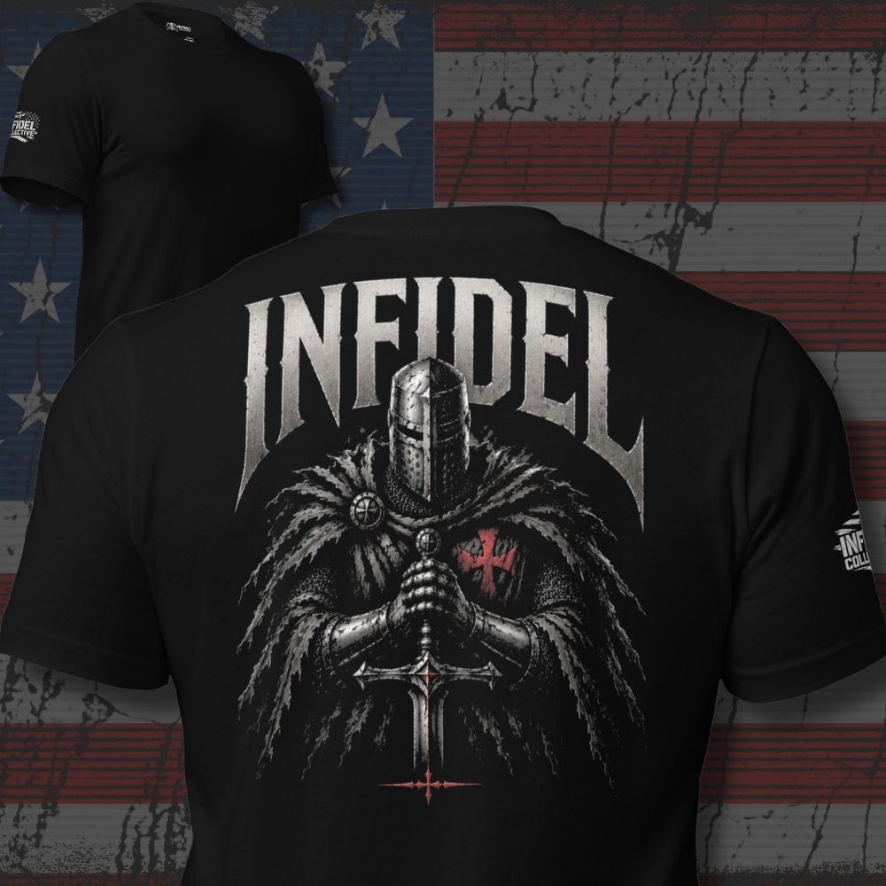 Black t-shirt with a graphic design and 'INFIDEL' text on the back, against an American flag background.