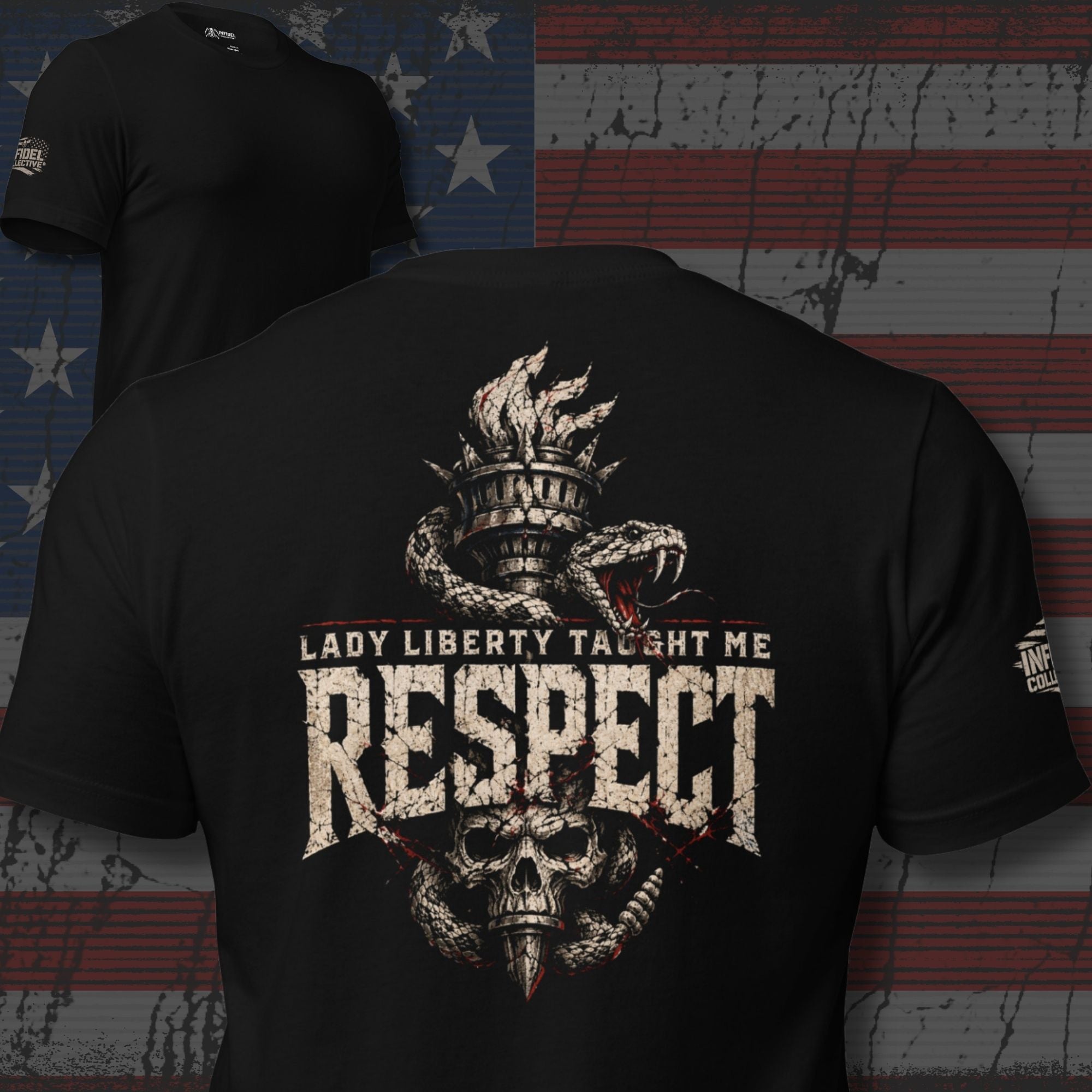 Lady Liberty Taught Me Respect rattlesnake skull back print black tee from Infidel Collective