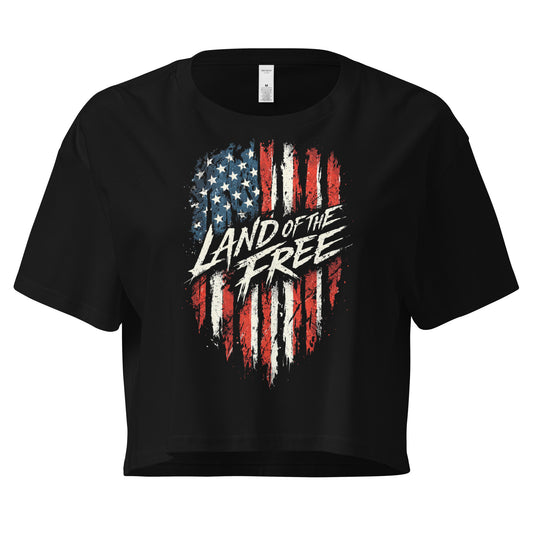 Black t-shirt with American flag design and 'Land of the Free' text on a white background