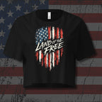 Black t-shirt with American flag design and 'Land of the Free' text on a distressed American flag background.